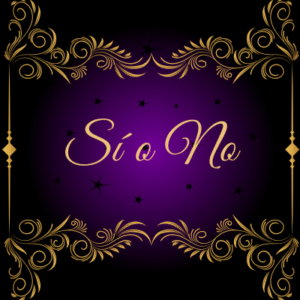 Lectura de tarot Marsella. Imagen de producto fondo negro con cuadro dorado. Mensaje de tarot sí o no personalizado con letras doradas y de fondo color lila y estrellas negras.