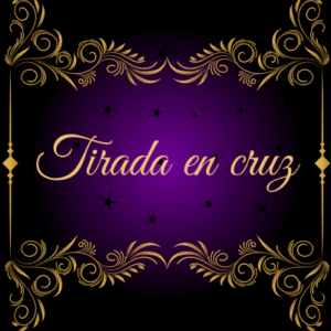 Lectura de tarot Marsella. Imagen de producto fondo negro con cuadro dorado. Mensaje de tirada de tarot en cruz 5 cartas con letras doradas y de fondo color lila y estrellas negras.