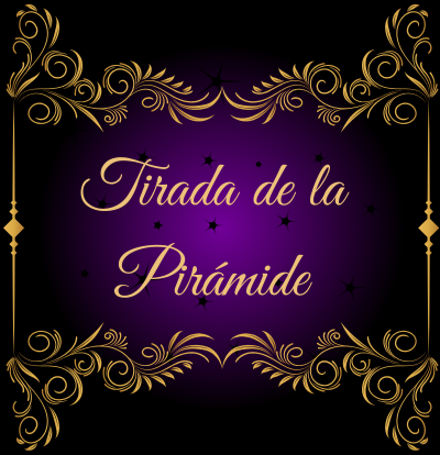 Imagen de producto fondo negro con cuadro dorado. Mensaje de tirada tarot pirámide tarot Marsella con letras doradas y de fondo color lila y estrellas negras. Lectura de tarot Marsella