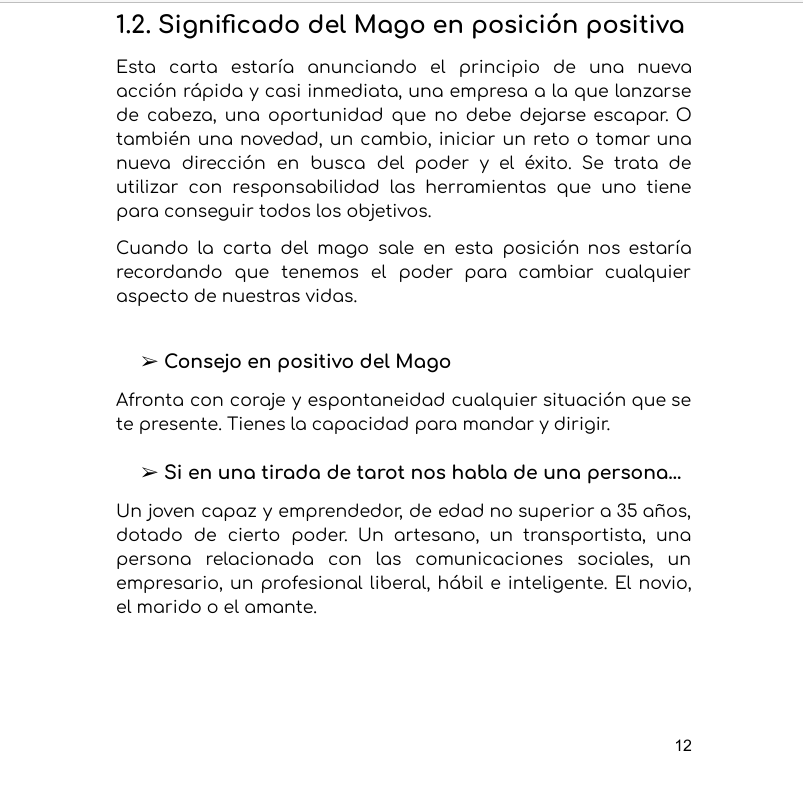 Ejemplo de interpretación y significado en posición positiva del Arcano Mayor El Mago en el libro Tarot Marsella principiantes