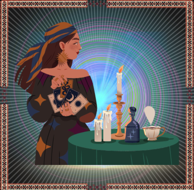 Lectura de tarot Marsella cuadro bordado con tarotista enseñando cartas del tarot. Sobre la mesa tiene velas y poción mágica. 