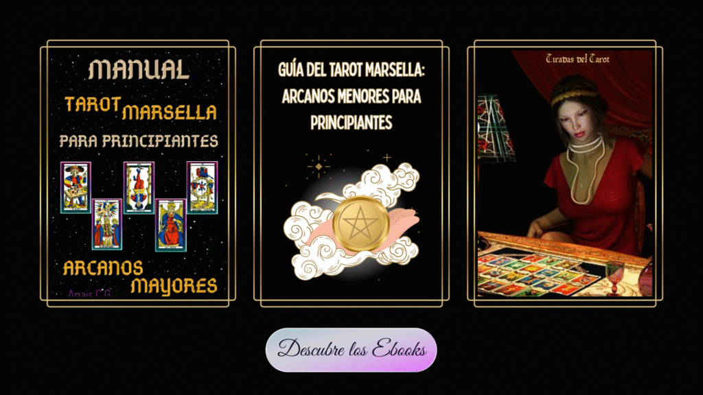 imagen de fondo negro, con tres libros digitales relacionados con el tarot y botón multicolor. Lectura de tarot Marsella