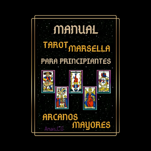 Libro Tarot Marsella principiantes Manual de fondo negro con título en color blanco y naranja y cinco fotos de los arcanos mayores