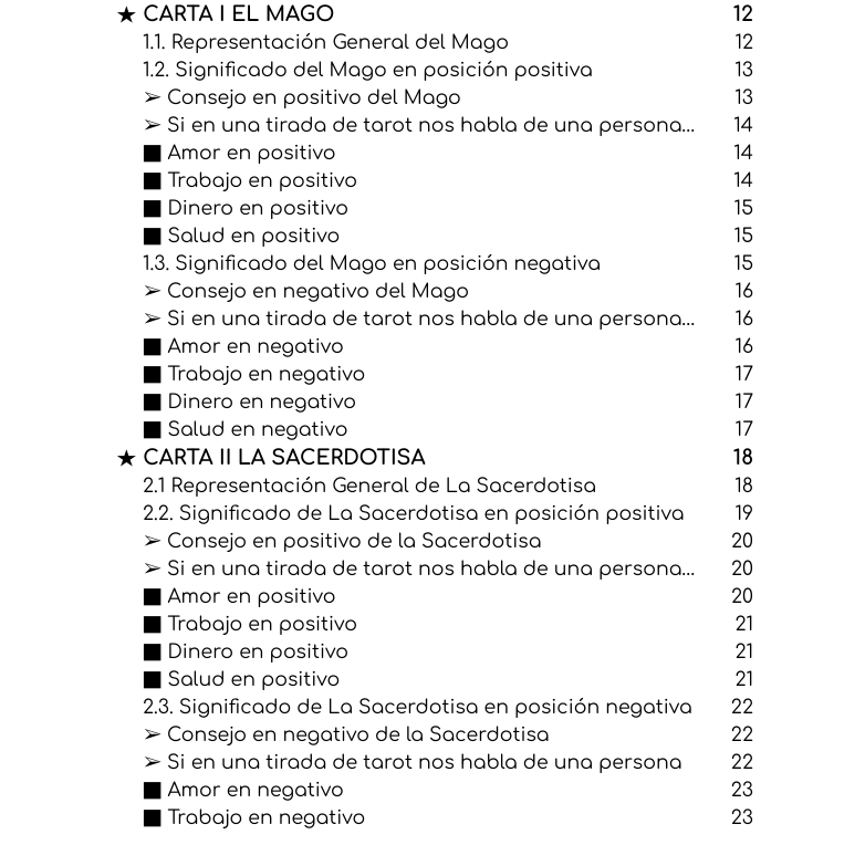 Índice del libro Tarot Marsella principiantes con los temas y capítulos incluidos sobre los Arcanos Mayores. Incluye el contenido del tema 3 y 4