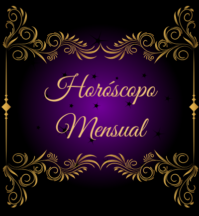 Imagen de producto fondo negro con cuadro dorado. Mensaje de horóscopo mensual personalizado del tarot Marsella con letras doradas y de fondo color lila y estrellas negras. Lectura de tarot Marsella