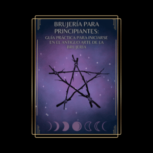 Brujería para Principiantes. Libro para aprender brujería paso a paso. Imagen de pentágono o estrella de cinco puntas que simbolizan los cuatro elementos de la tierra y la energía o el espíritu. y fases de lunas. Fondo lila brillo