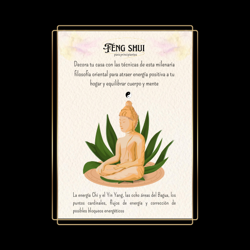 Guía Feng Shui hogar. Figura zen meditando, sentado en una alfombra redonda para que fluya la energía y planta verde