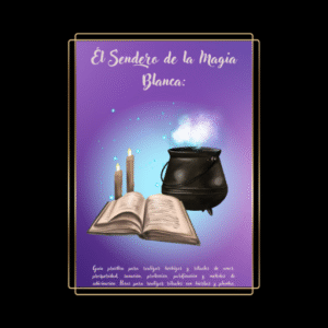 libro Hechizos rituales para principiantes. El sendero de la magia blanca, magia buena, magia positiva. Imagen de caldero, con libro de brujería y velas. Color lila con sombra azul