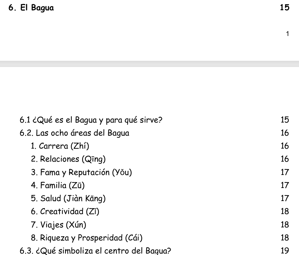 Guía feng shui hogar principiantes. Áreas del Bagua 1.Carrera(Zhí) 2.Relaciones(Qīng) 3.FamayReputación(Yǒu) 4.Familia(Zū) 5.Salud(JiànKāng) 6.Creatividad(Zǐ) 7.Viajes(Xún) 8.RiquezayProsperidad(Cái).